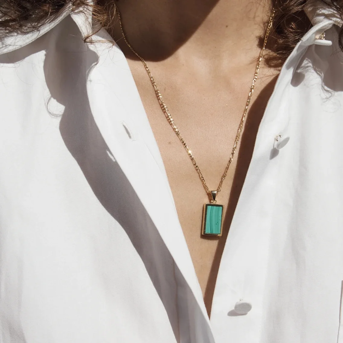 18k Plated Gold Rectangular Abalone Malachite Agate Shell Pendant Stainless Stell Necklace