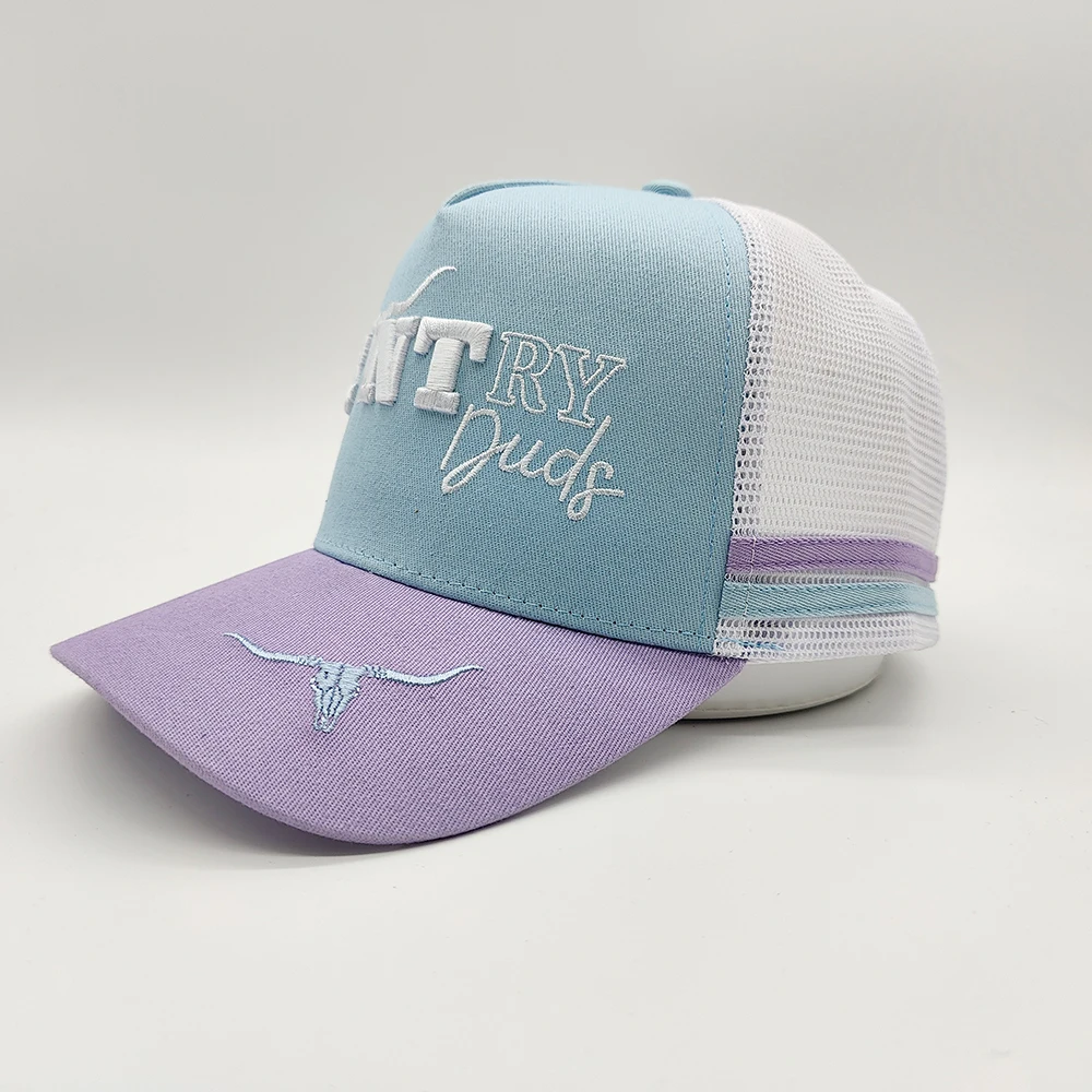 Custom Logo 3d Embroidered  Australian High  5 Panel High Profile  Structured Cap Gorras 2 Stripes Side Striped Mesh Trucker Hat