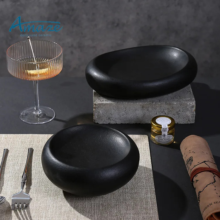 High quality unique design black color dinnerware dessert tapas appetizer salad ceramic bowl for hotel restaurant