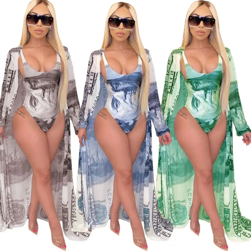 Plus size cover up bikini top pants two pieces set money print womens swimwear bikini swim suit set