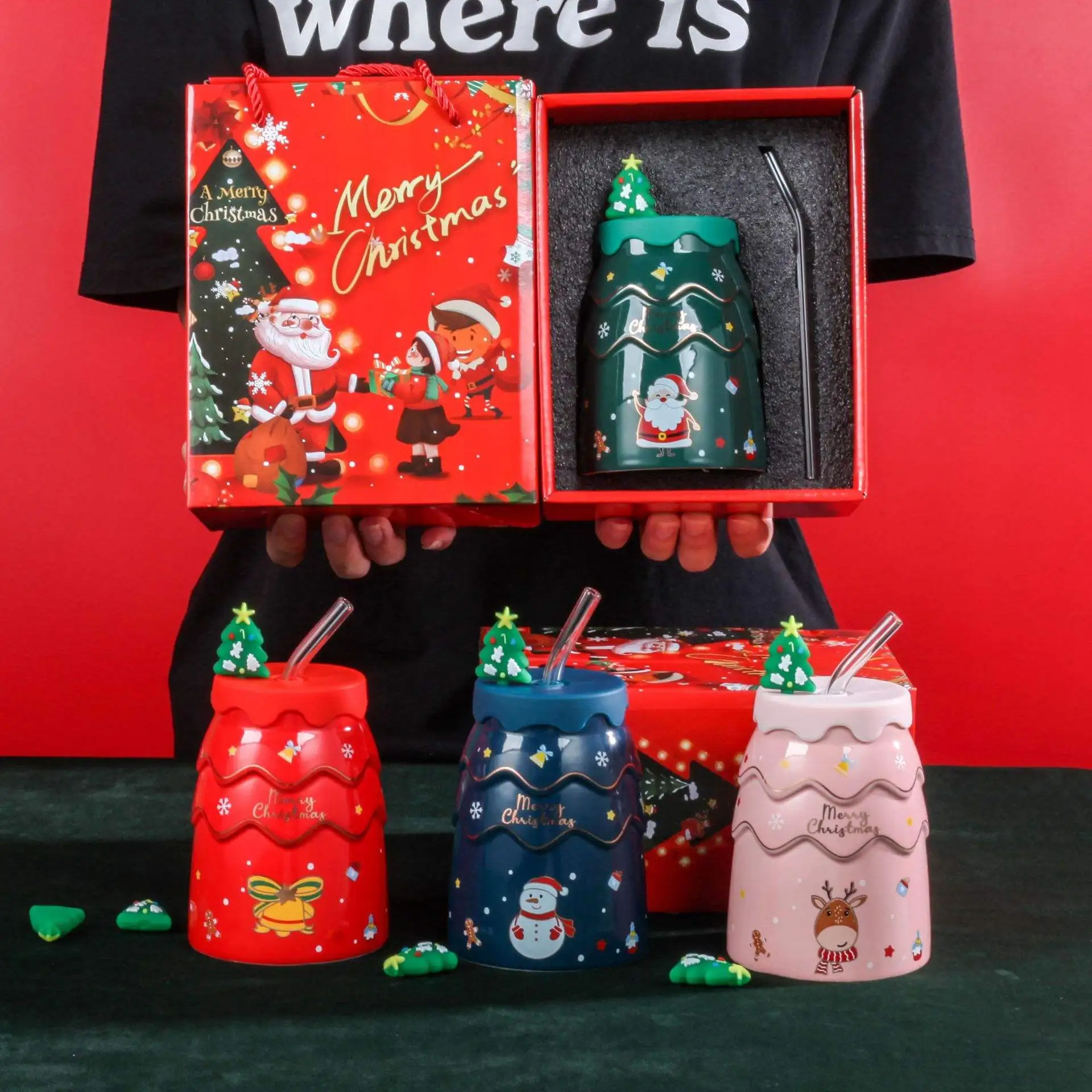 Hot Sell 2023 Silicone Sleeve Christmas Cup Coffee Ceramic Mug Without Handle Coffee Mug With A Straw