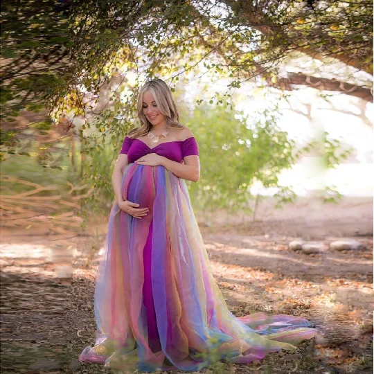 New Style Plus Size Rainbow Tulle Evening Robes Maternity Pregnancy Fancy Maxi Off Shoulder Cotton Gown Dress For Photo Shooting