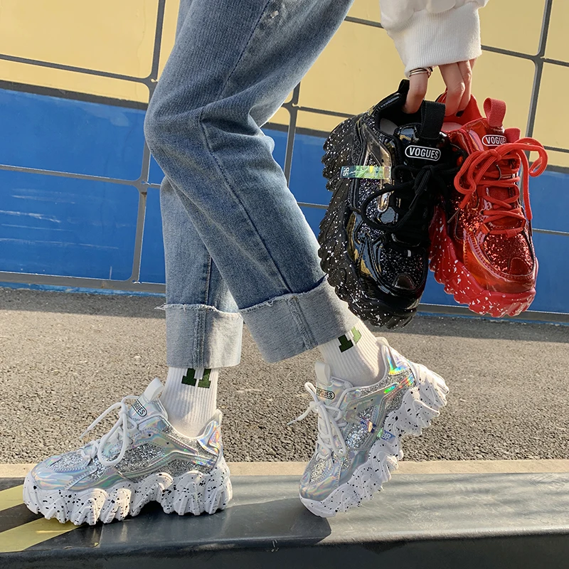  Women Fashion Chunky shoes Ladies casual Platform Sneaker zapatillas mujer Trendy Shiny Sports Shoes Girl Lace Up