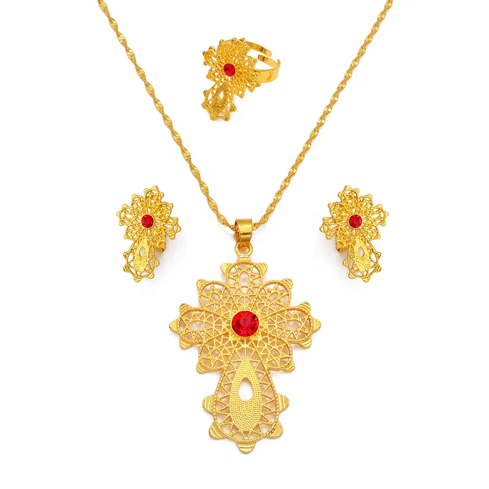 Ethiopian Large Cross Pendant Necklace Earrings Ring Women Gold Color Eritrea African Engaged Jewelry #161216