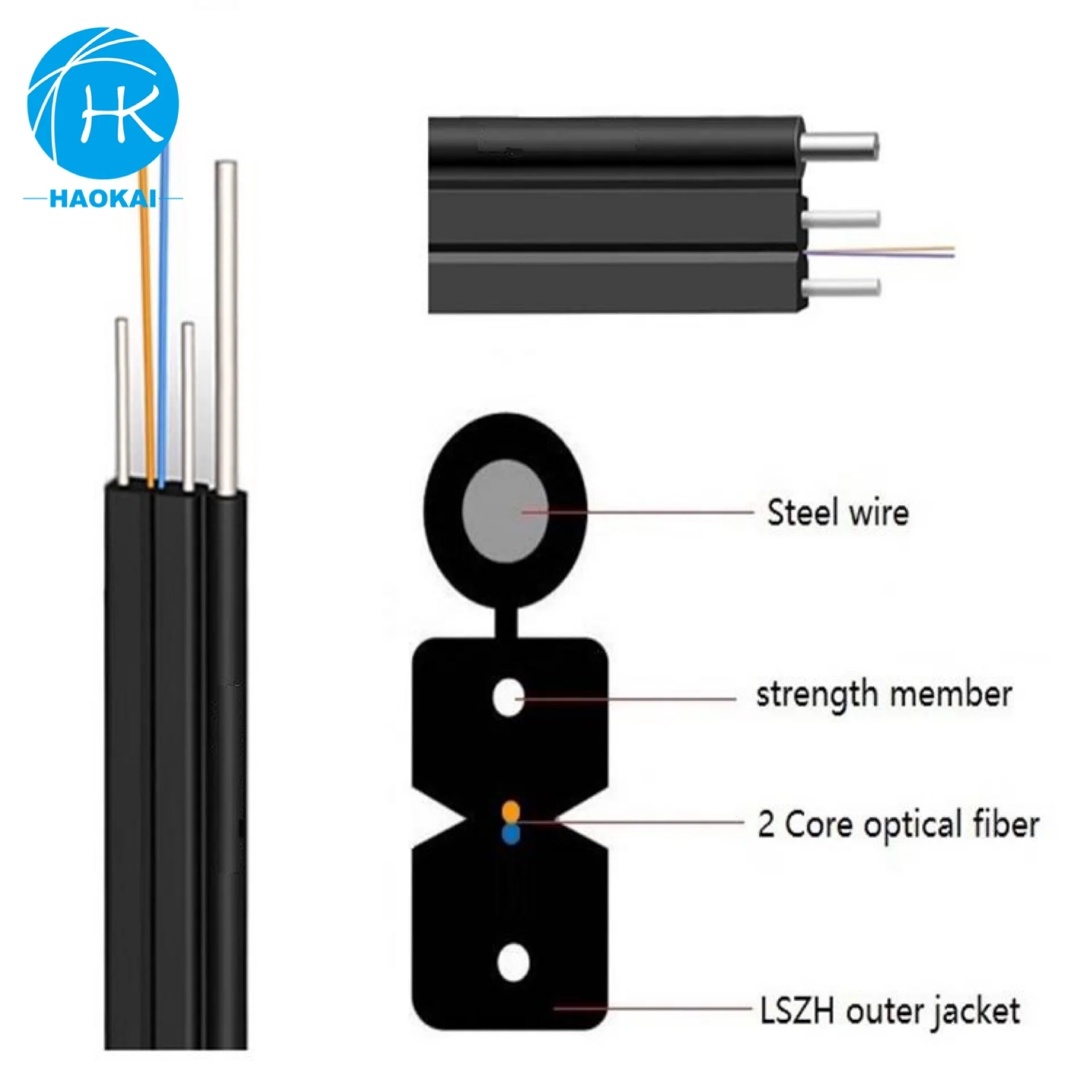 FTTH drop cable 1 core kevlar aramid fiber single mode multi mode G652D G655 G657 Ftth Indoor Fibre Optic Cable