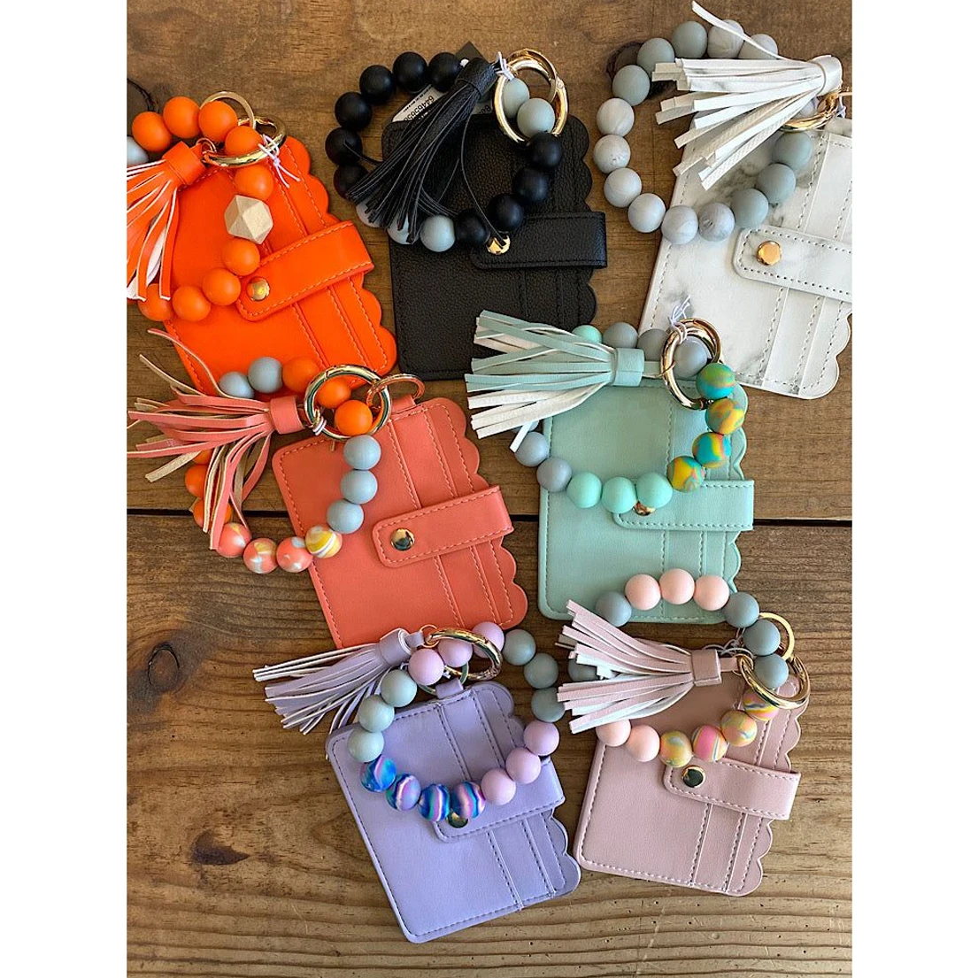 Custom PU Leather Bracelet Key chains Wallets Wristlet Tassel Silicone Keychain for ID Credit Card Coin Purse For Women Teacher