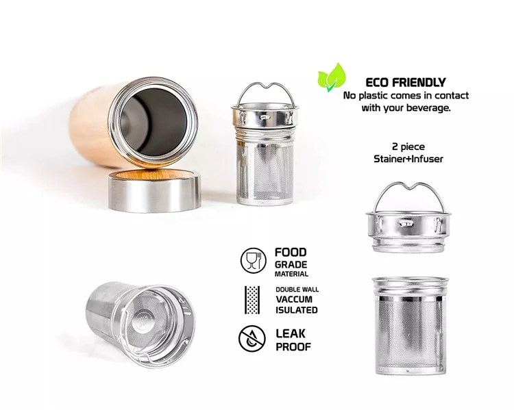 Eco-friendly 500ml Stainless Steel Infuser Bamboo Thermos Travel Coffee Cups Water Bottles