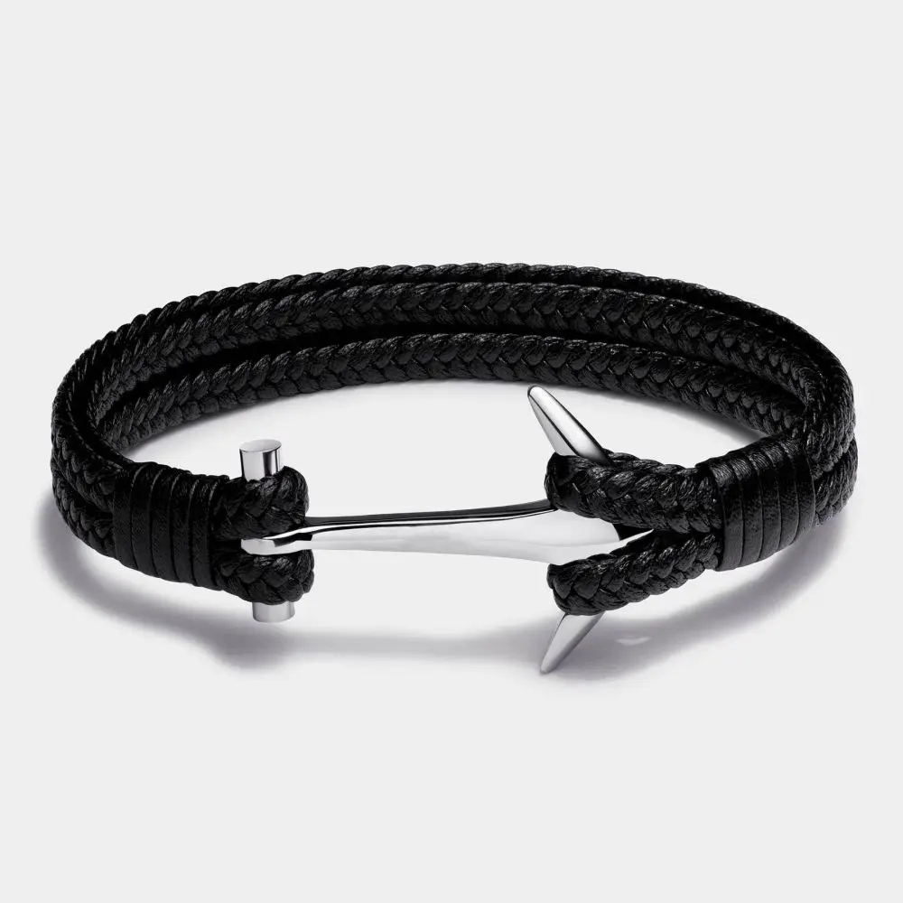 High Quality 316L Stainless Steel Anchor Double Braided Leather Bracelet for Men Jewellery