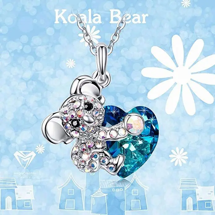 Women Koala Bear Hug Blue Heart Pendant Necklace