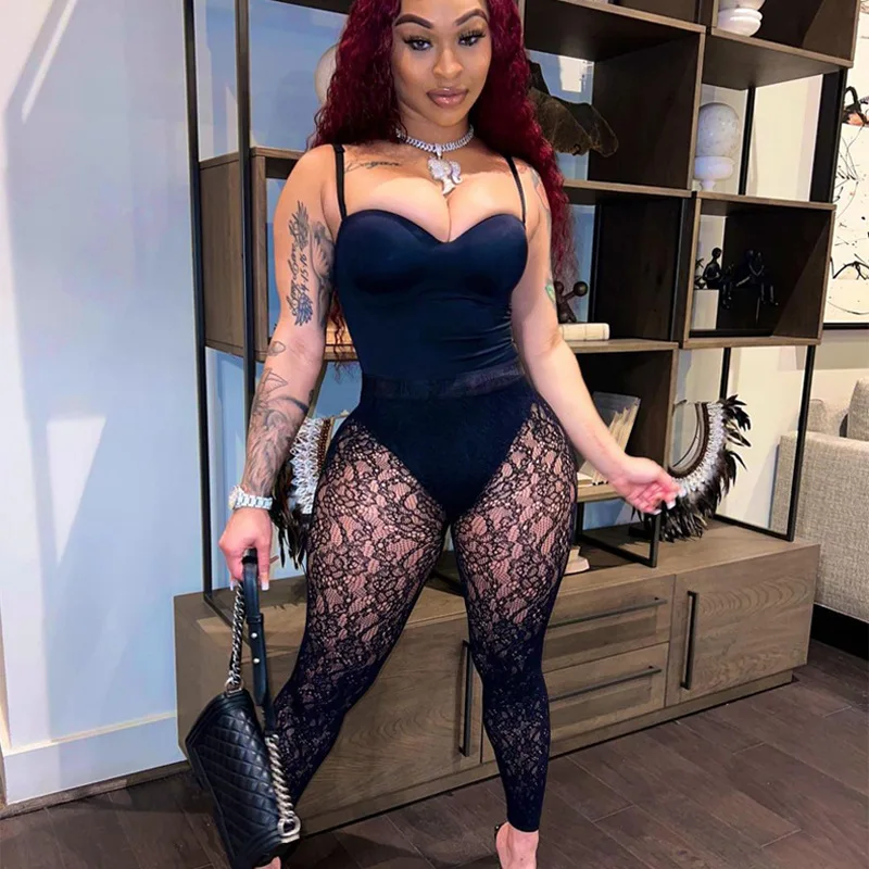 2021 new beauty dress sexy lace two piece set see through lace pants fashion one piece corset bodysuit casual set women
