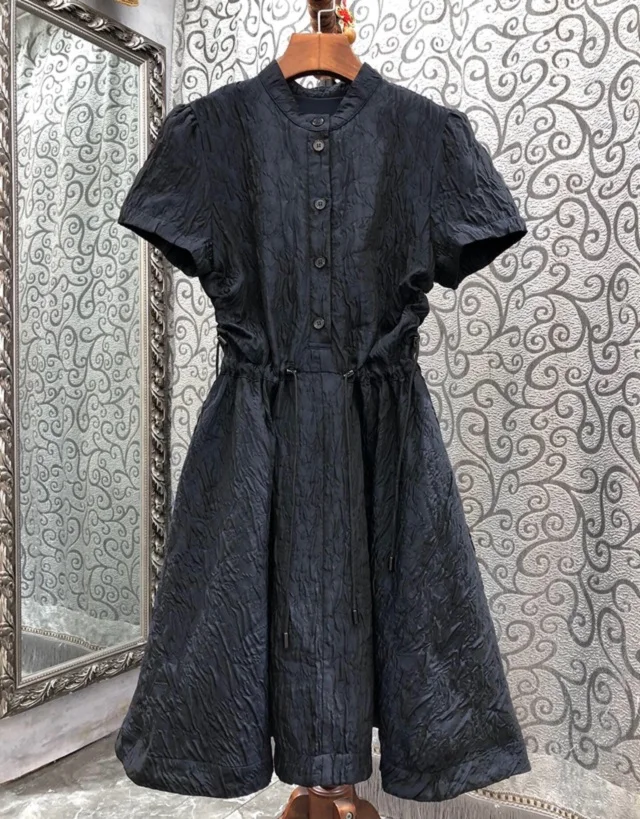 2023 Spring Fashion Style Dress High Quality Women Vintage Jacquard Patterns Drawstring Waist A-Line Party Gorgeous Dress XL