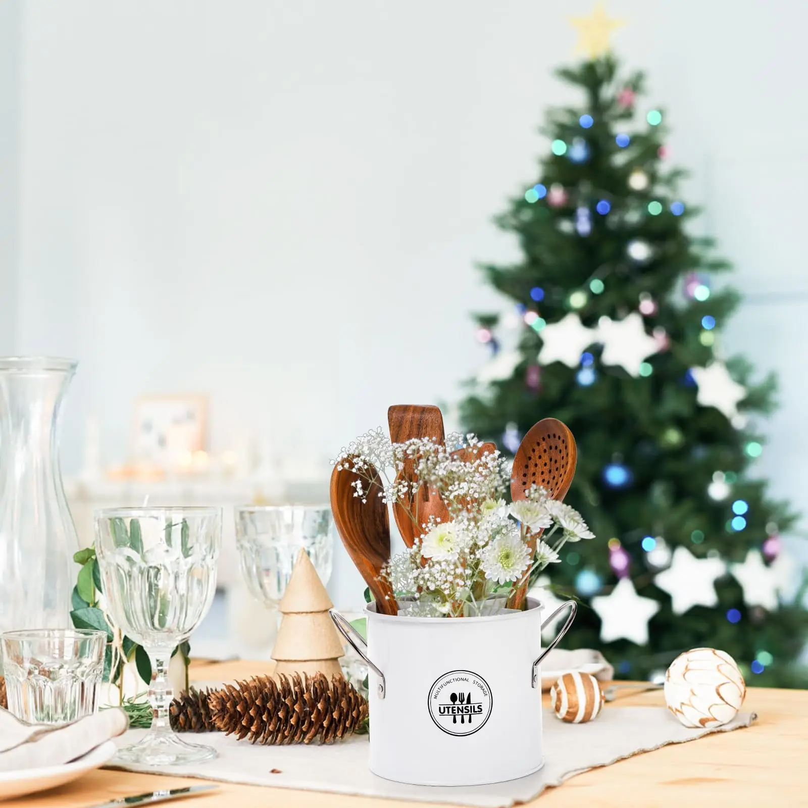 Farmhouse Utensil Holder 4 Compartment Metal Utensil Holder with Removable Divider For Kitchen Countertop