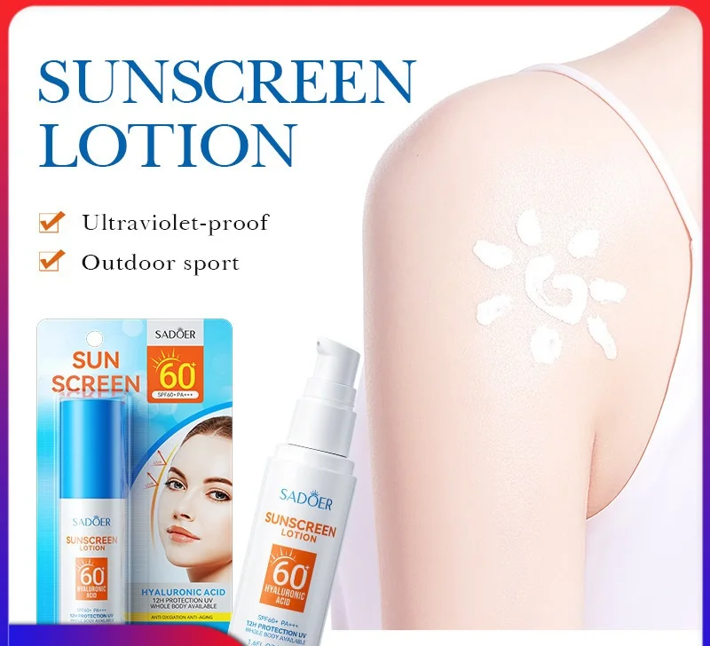 Wholesale SADOER 12 Hours Protection UV Hyaluronic Acid Anti Oxidation Anti-Aging Spf60+ Sunscreen Lotion
