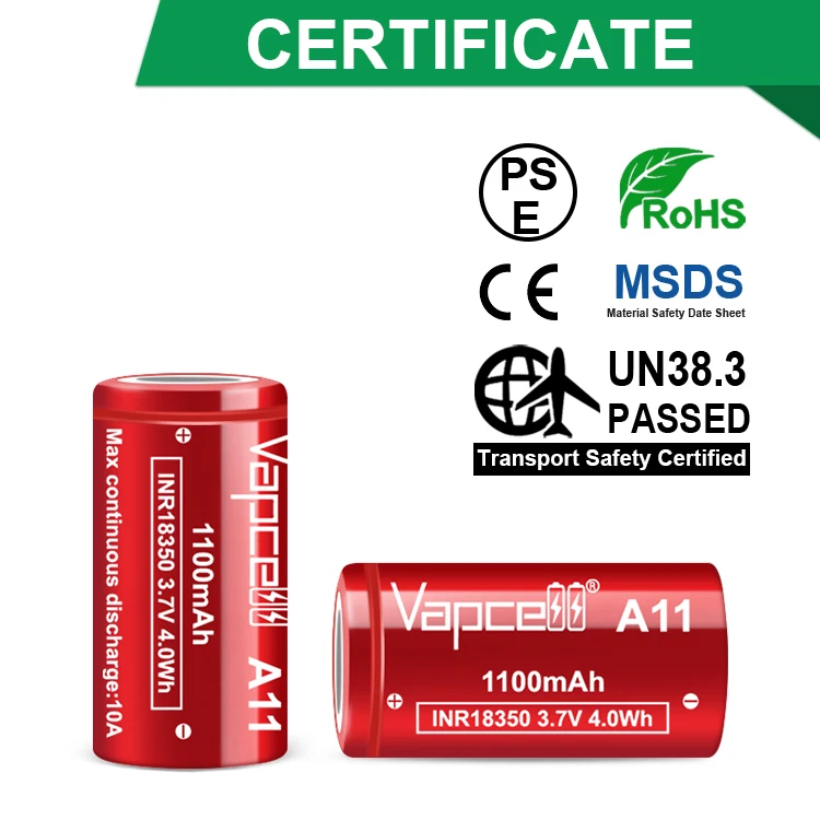 Vapcell INR18350 1100mah 10A A11 3 7 V 4.0Wh литий-ионный перезаряжаемый элемент pk vapcell 18350 фиолетовый Аккумулятор для аккумуляторного