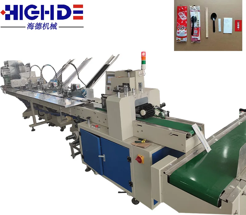 8 in 1 Disposable Plastic Tableware Napkin Toothpick Packaging Machine Pepper Wet Automatic Cutlery Sets Flow Pack Machine