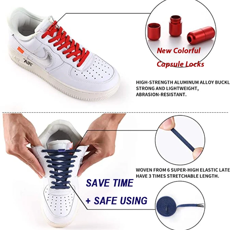 New Hot Flat Elastic No Tie Athletic Shoelace , Colorful Metal Capsule Screw Locks Lazy Shoe Laces, Shoes Repair Accessories