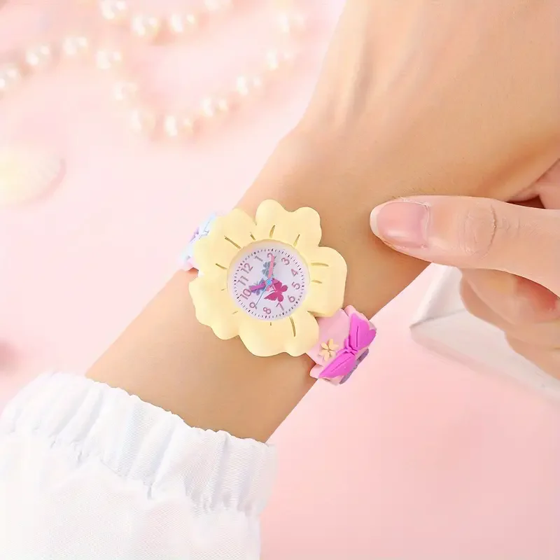 Cartoon Flower And Butterfly Design 3D Wrist Watch For Girls