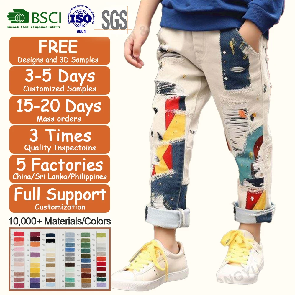 Wholesale Children Elastic Waist Jean Pants Paint Print Side Stripe Denim Ripped Straight Jeans For Kids Boy