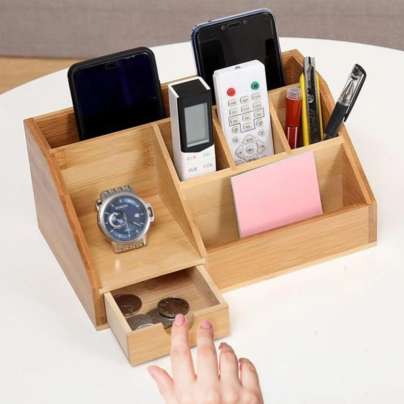 Bamboo Desktop Storage Box Natural Wooden Office Pen Holder Multifunction Stationery Splicing Pencil Cosmetic Desk Organizer