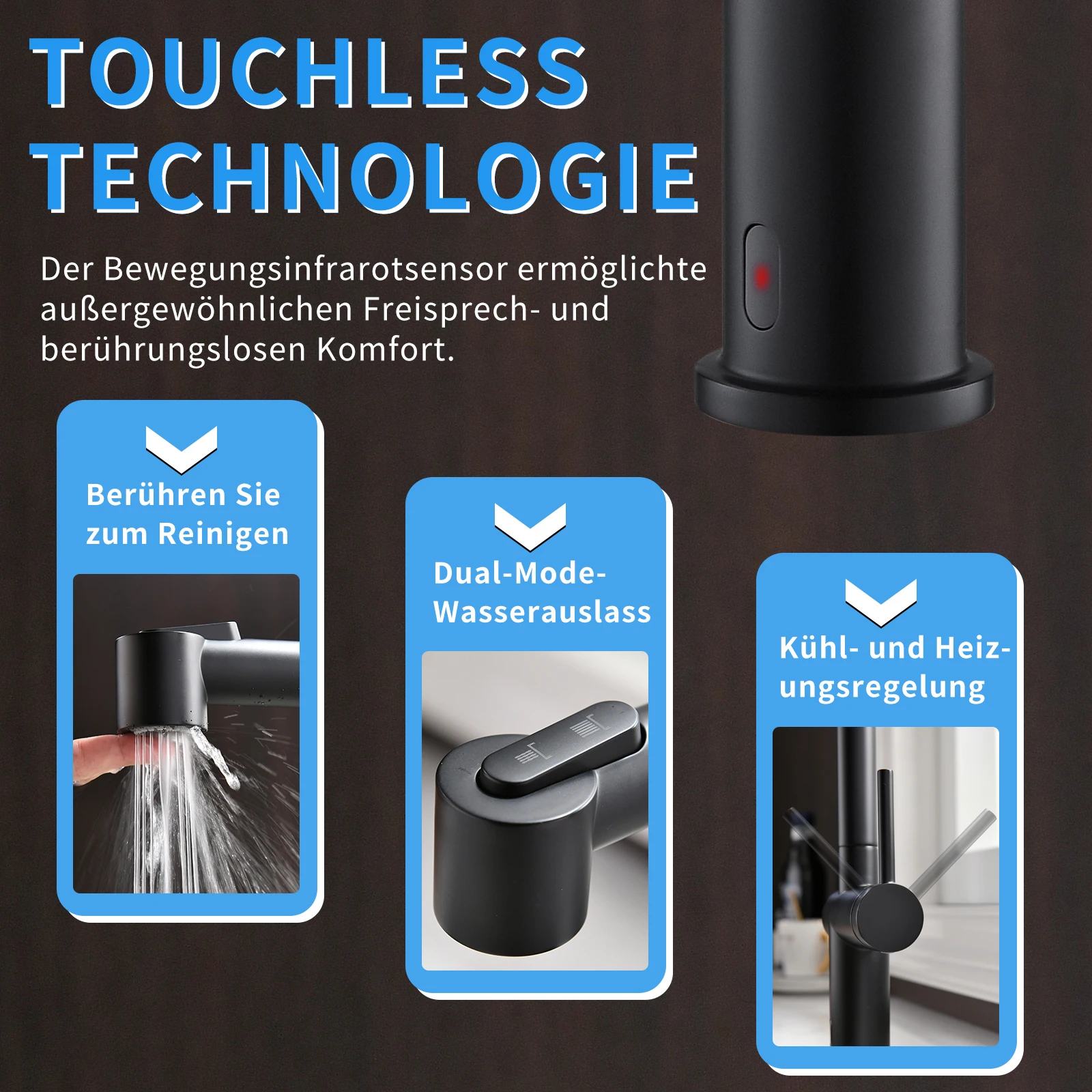 Factory Directly Sale Smart Touch Sensor Matte Black Kitchen Faucet Pull Out Automatic Kitchen Tap Brass Ceramic CLASSIC Modern