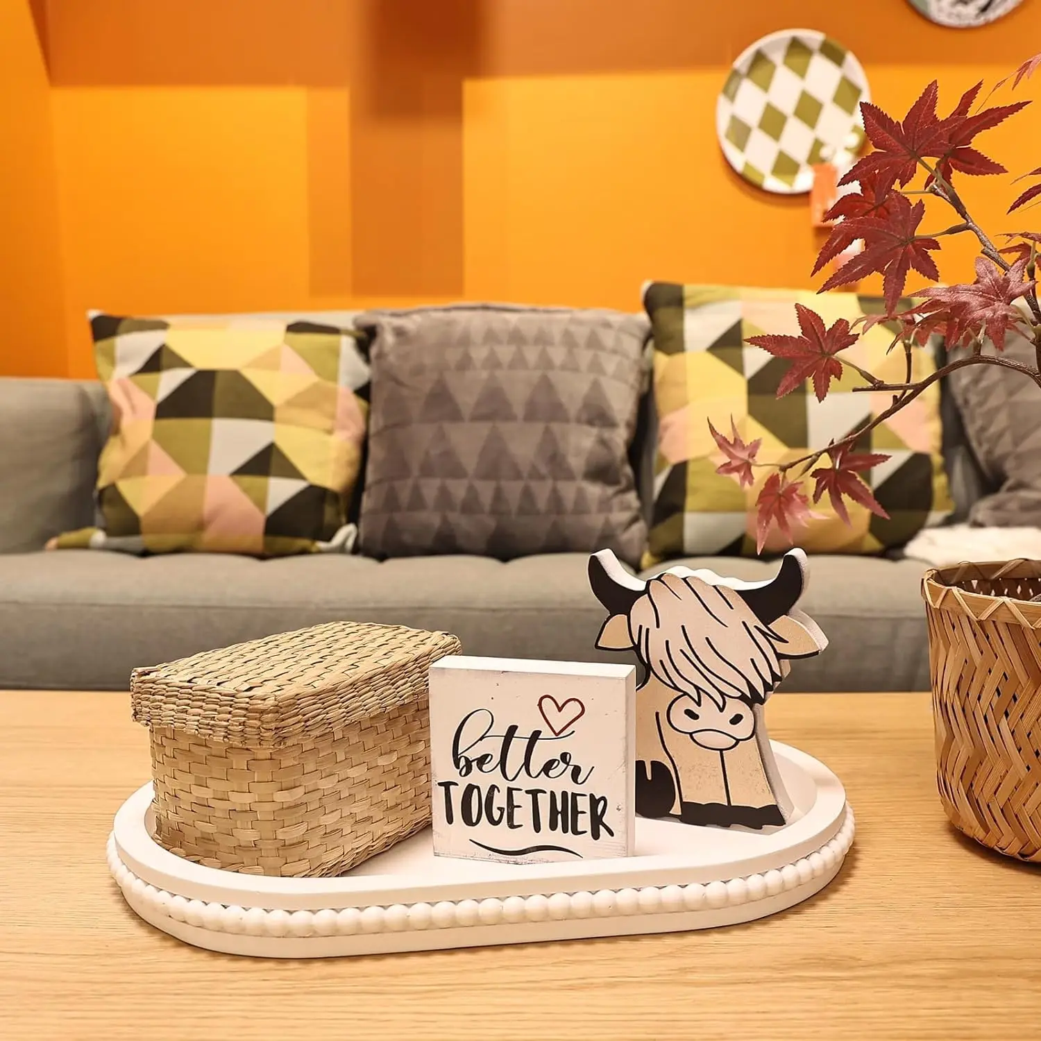 Rustic Wooden Trays Decor Farmhouse Kitchen Decorative Serving Tray Wood White Washed Bead Oval Tray for Coffee Table