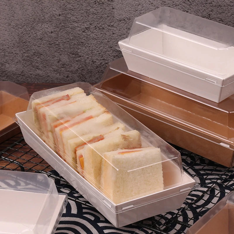 Cake bread snack bakery food packing rectangular square kraft paper box sandwich wrap box with plastic clear lids