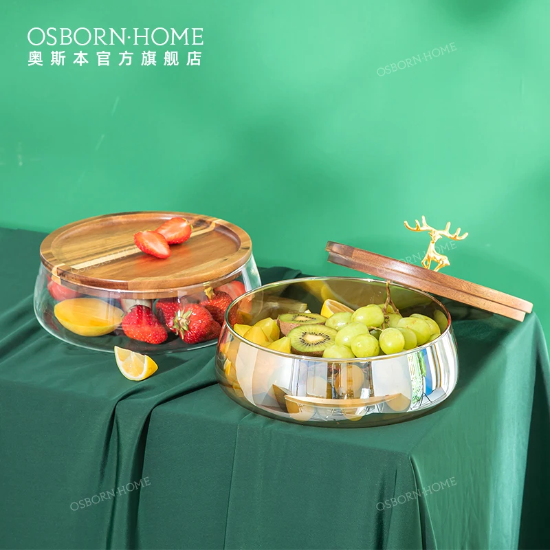 OSBORN Light luxury amber fruit basket glass bowl Snack tray with golden Deer for dinner or hotel
