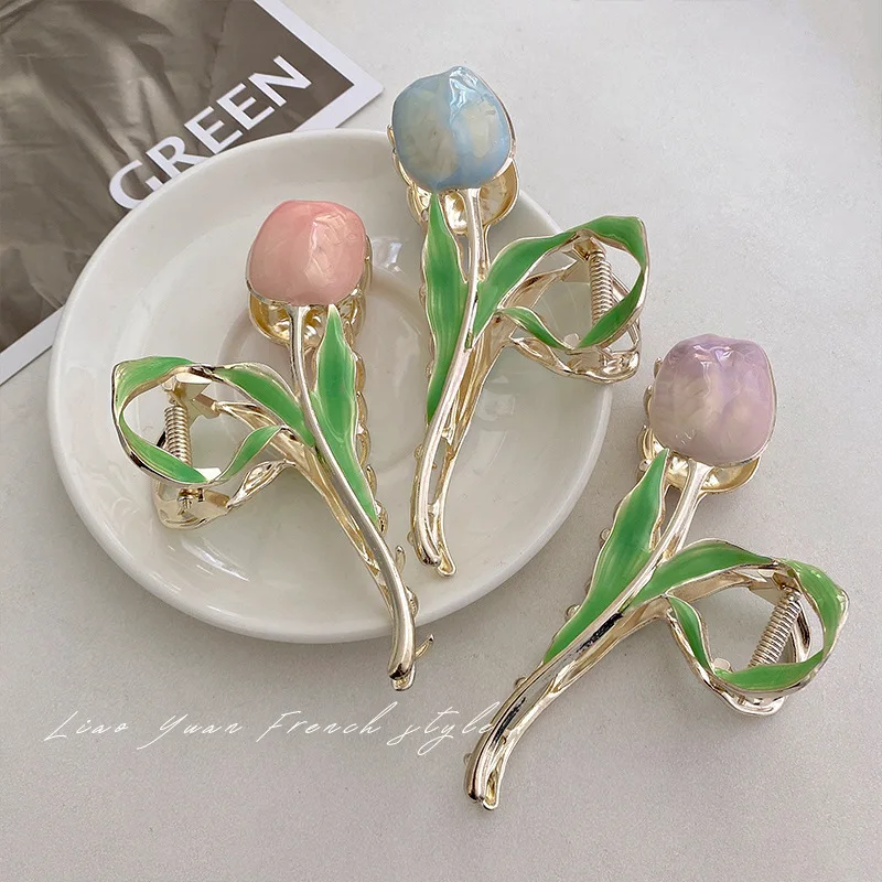 New Fashion Vintage Tulip Women Hair Claws Hot Luxury Hair Clips For Girl Crab Large Size Decoration metal Hair Accessories
