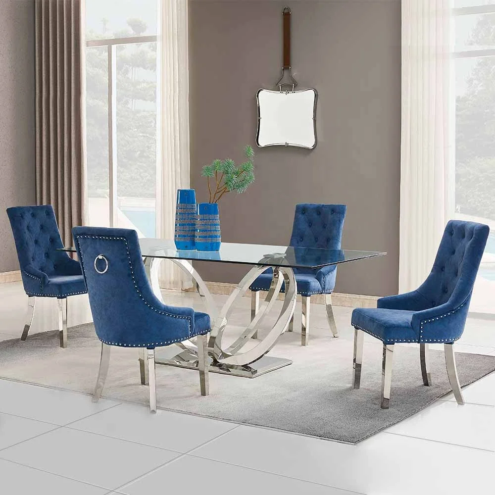 Nordic ring knocker dining stackable chair french Button Back Grey Velvet fabric stainless steel metal restaurant Dining Chair