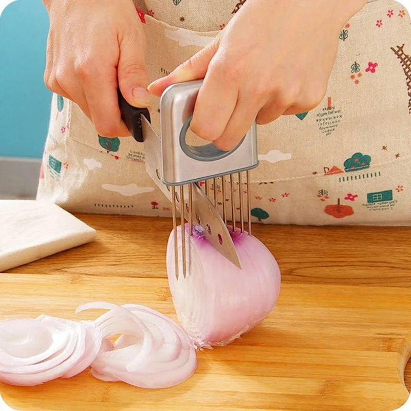 Wholesale kitchen stainless steel handheld vegetables fruits beef tender meat potato lemon onion holder slicer