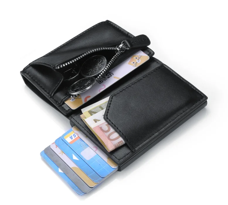 Automatic Pop Up Aluminum Card Holder Wallet Magnetic RFID PU Leather Custom Logo Slim Credit Card Holder With Zipper