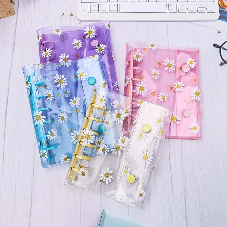 A7 Binder Cover Daisy Journal PVC Refillable Notebook Shell Clear Planner Cover Double Snap Button Closure Loose Leaf Case