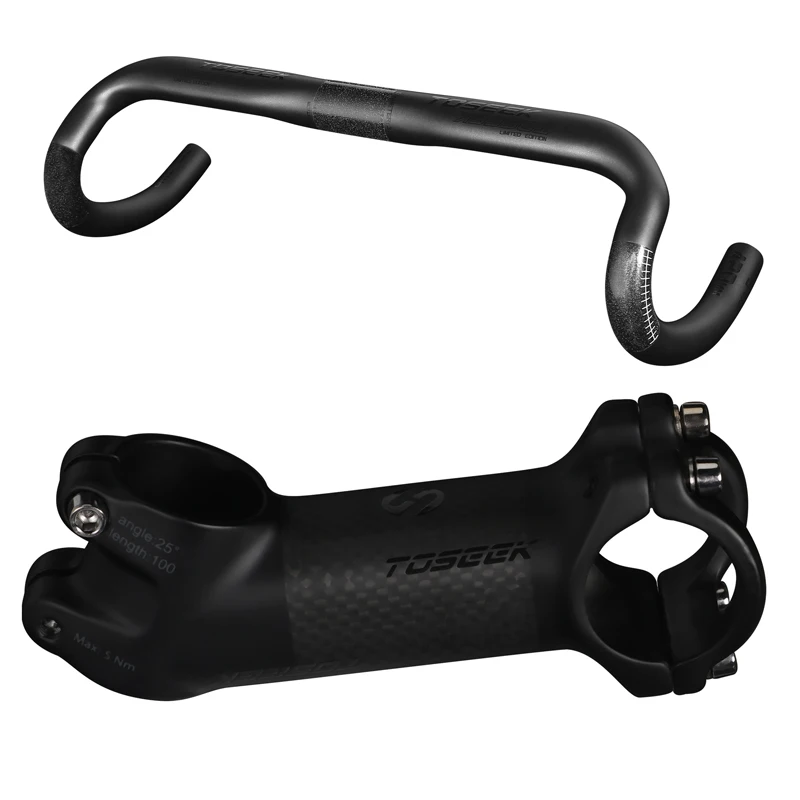 Toseek 380/400/420/440MM bicycle handle bar stem 10/17Degree 31.8 black matte carbon handlebars road bike with short stem