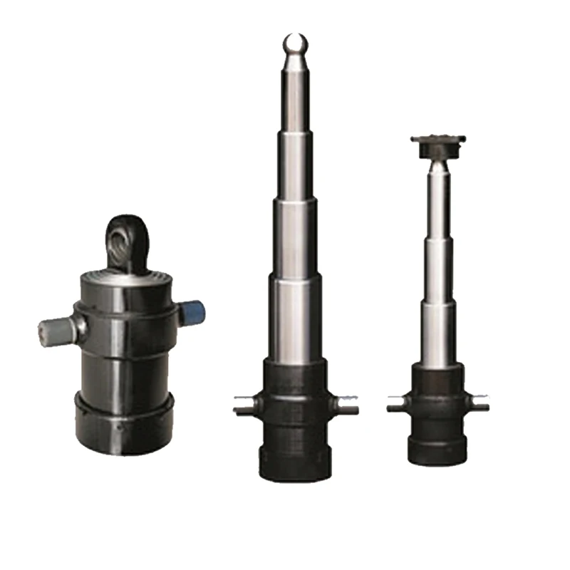 Dump truck side flipping hydraulic cylinder with multiple sections for lightweight and fast lifting