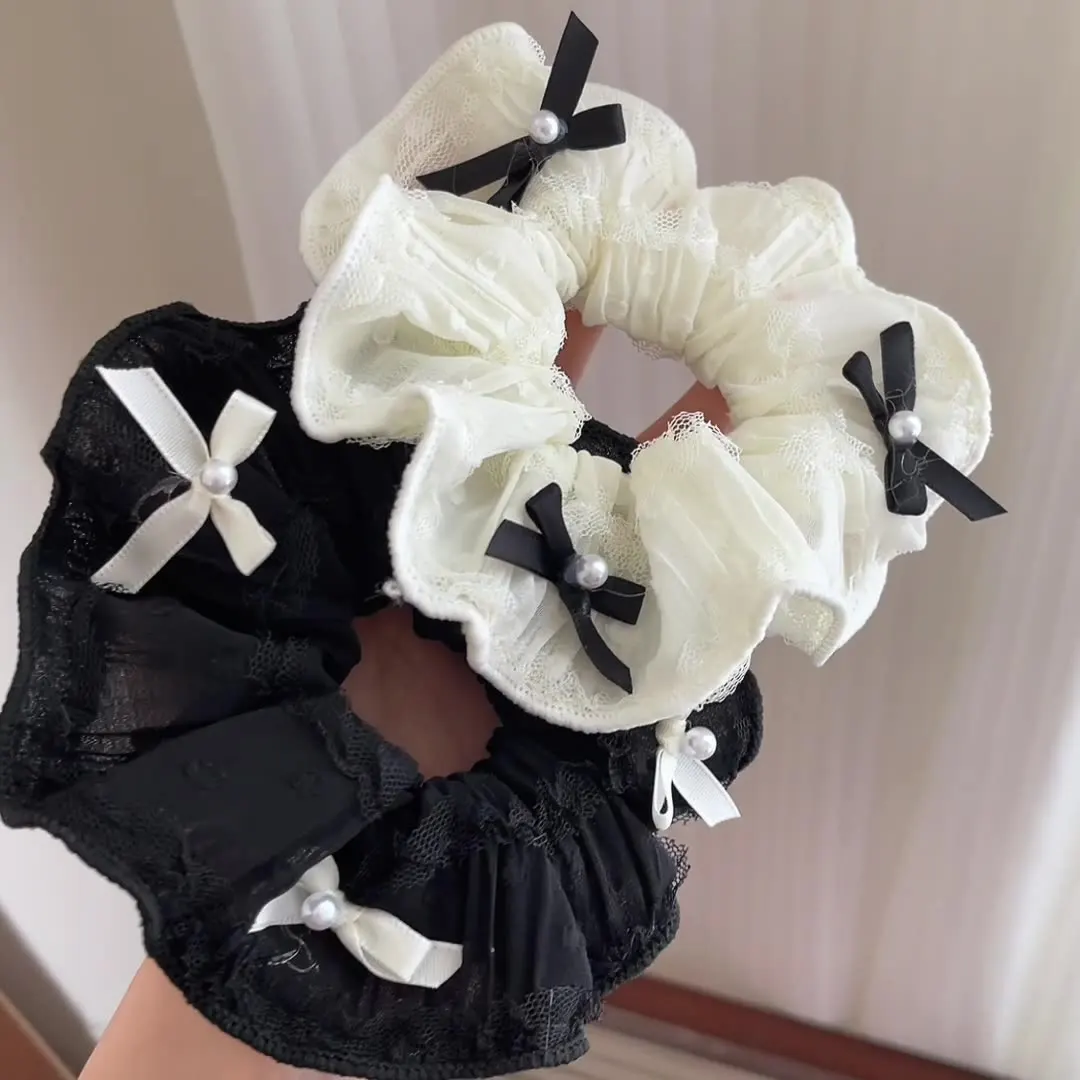 All-match Fashion Yarn Fabric Hair Scrunchies Ribbon Bow Hair Ties Pearls Charm Elastic Hair Band for Women Scrunchy