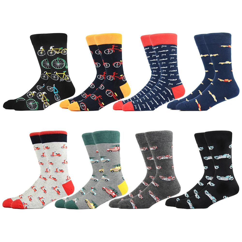 Men Happy Socks Design Custom Logo Transportation Crew Sock Bicycle Motorcycle Car Helicopter Male Skateboard Cotton Socks