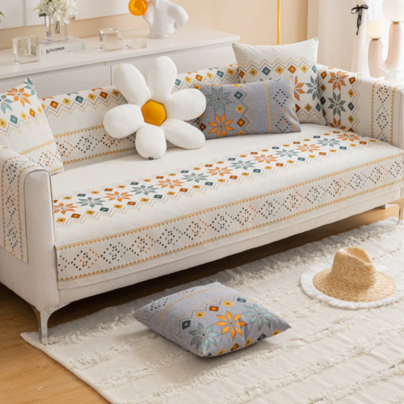 Simple Multi-person Sectional Sofa Cover Dirt Resistant Flower Rhombus Printed Fabric Sofa Cover
