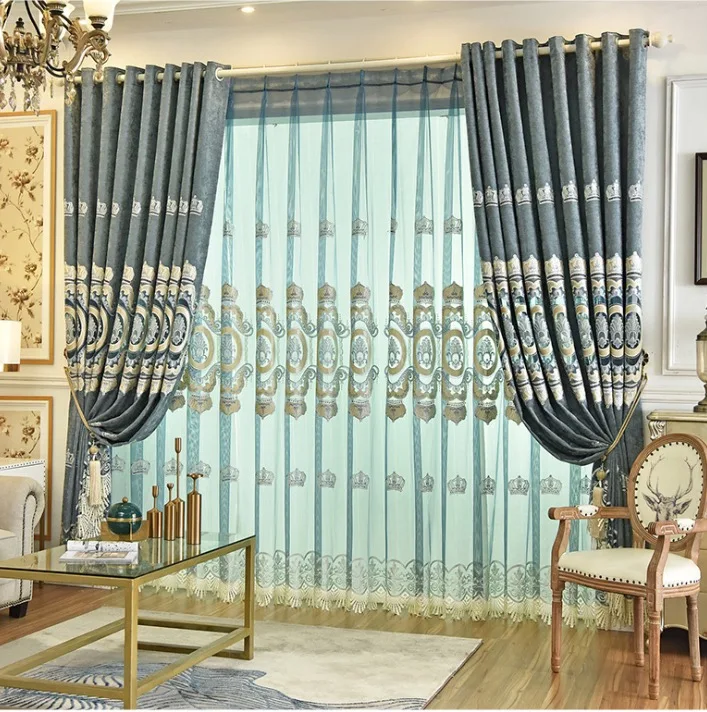 
Chinese wholesale embroidery curtains luxury living room with embroiderd sheer chenille valance ready made cortains fabric 