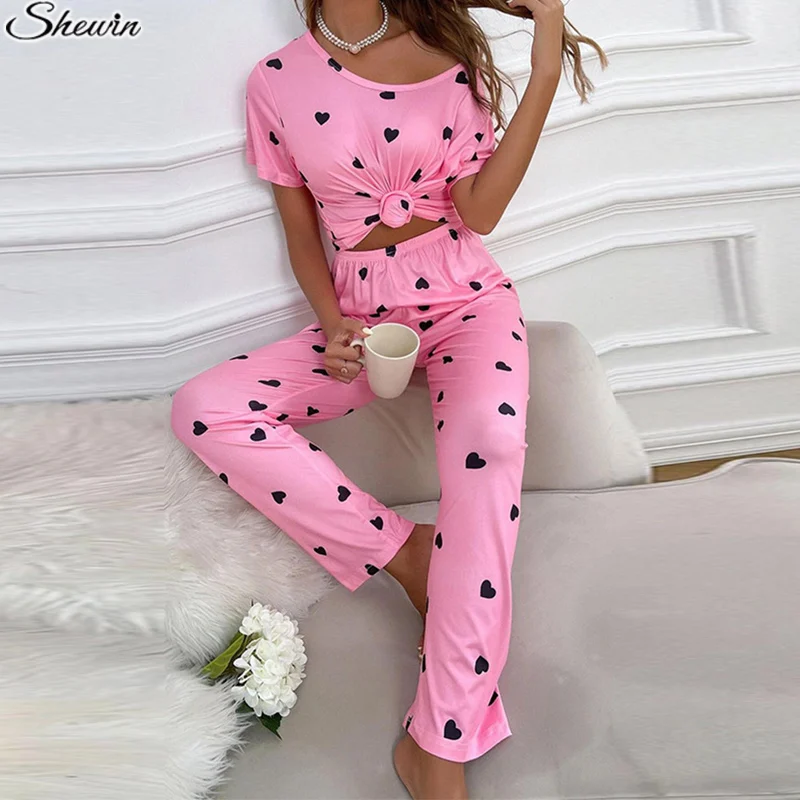 Wholesale Valentine Day Heart Print Two Pieces Loungewear Set Casual Sleeping Wears Ladies Pajamas