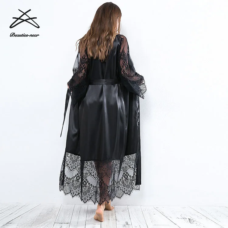 2021 New one piece style long women sexy lingerie plus size sexy pajamas belt lace silk robe lingerie coat nightgowns sleepwear