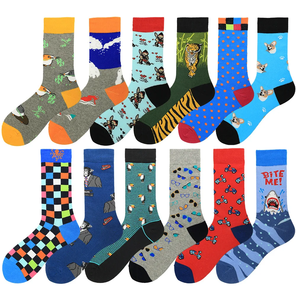 Socksmate OEM логотип, оптовая продажа, модные мужские носки высокого качества, красочные смешные мужские носки с животными, хлопковые короткие носки