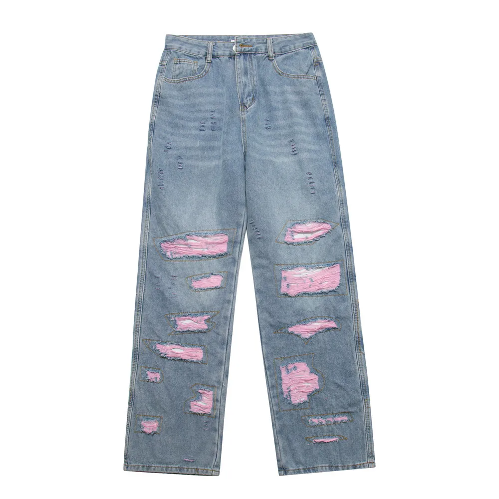 Bulk Wholesale Men Patched and Ripped Baggy Jeans with two tone weft