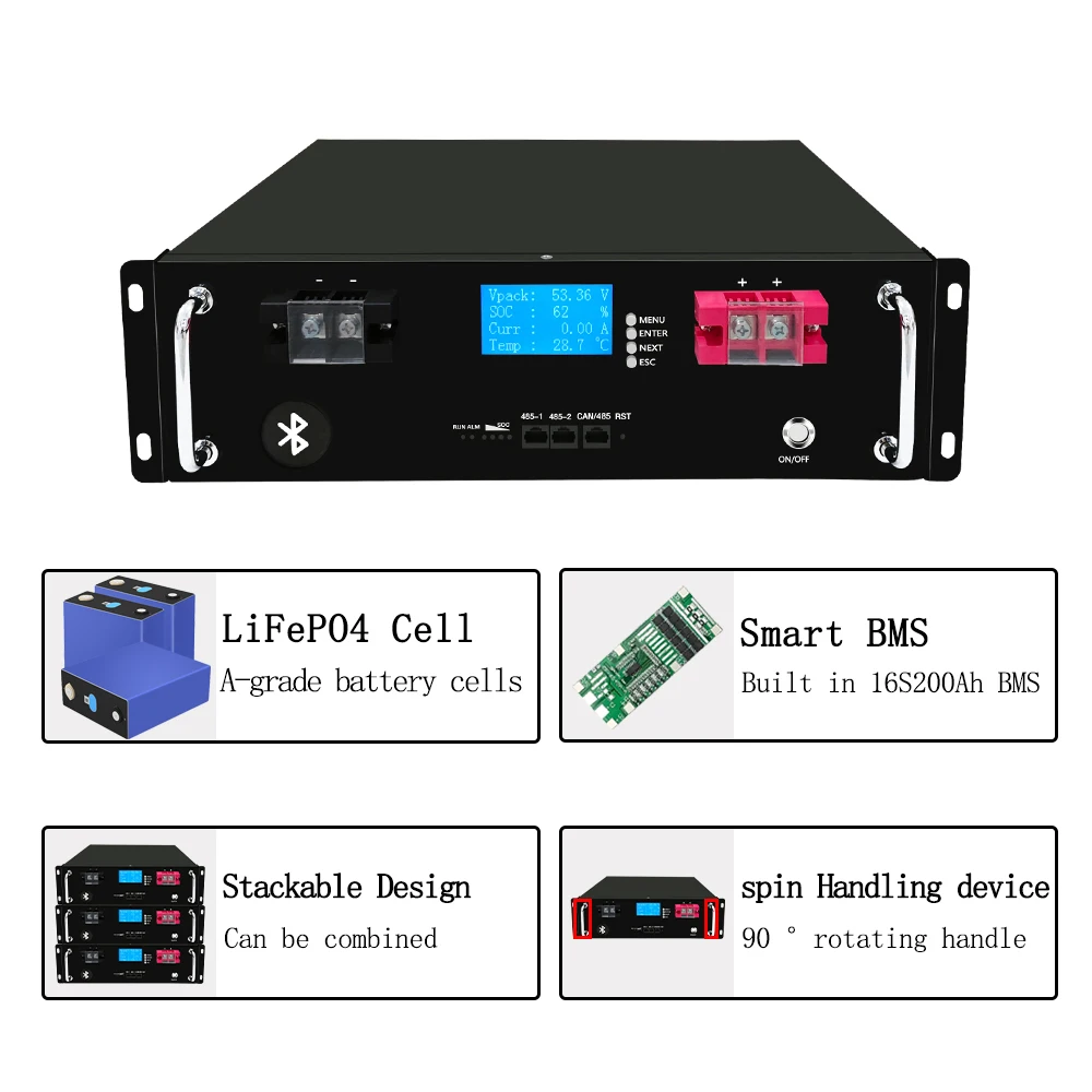 SMS Stackable Lifepo4 Lithium  Battery 51.2V 100Ah 200Ah 5KWh 10KWh Solar System Lithium ion Server Rack Mounted Battery Pack