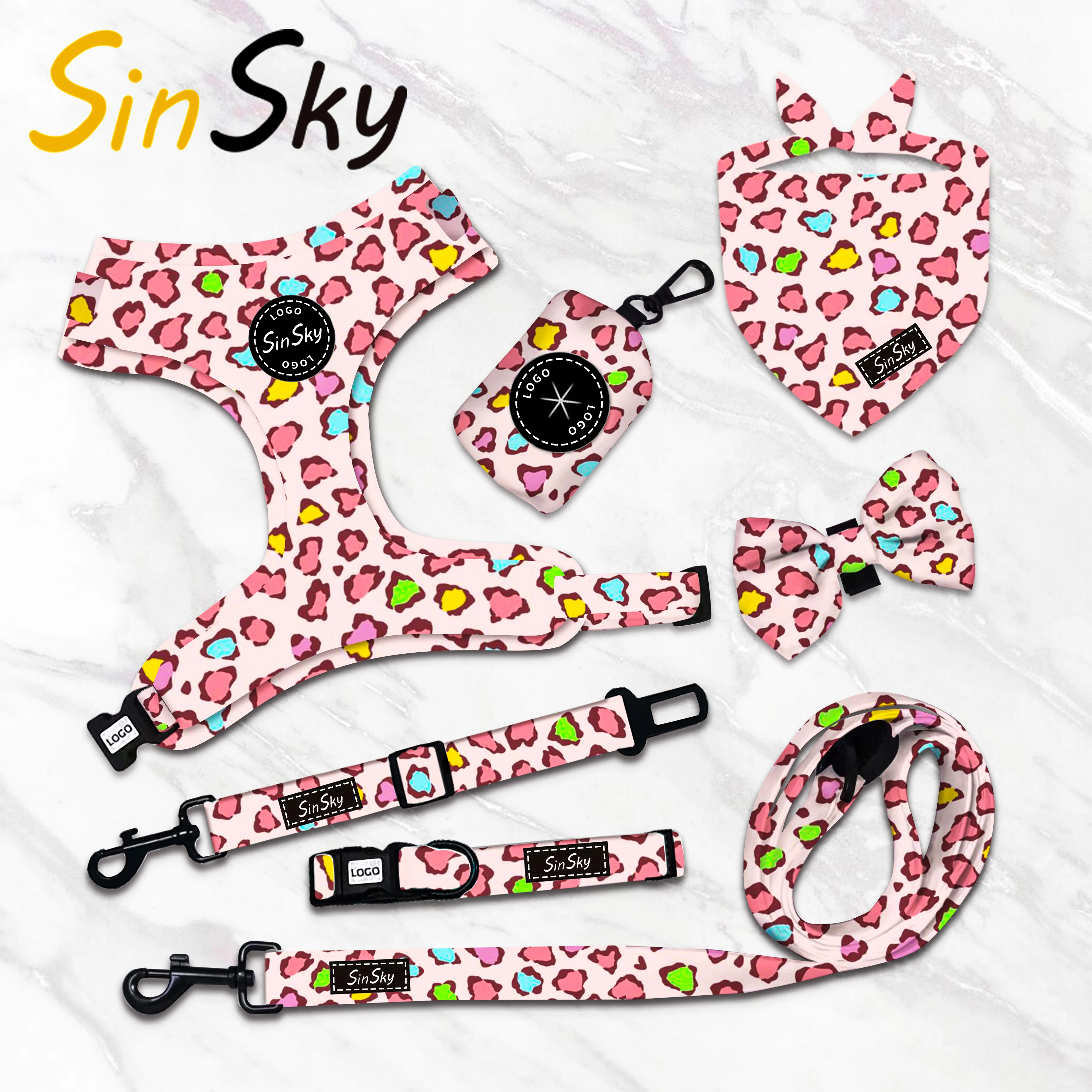 SinSky Made In Pink Leopard Print Training 6-piece Designer Adjustable Dog Harness Custom Luxury Dog Collar Leash Harness Set