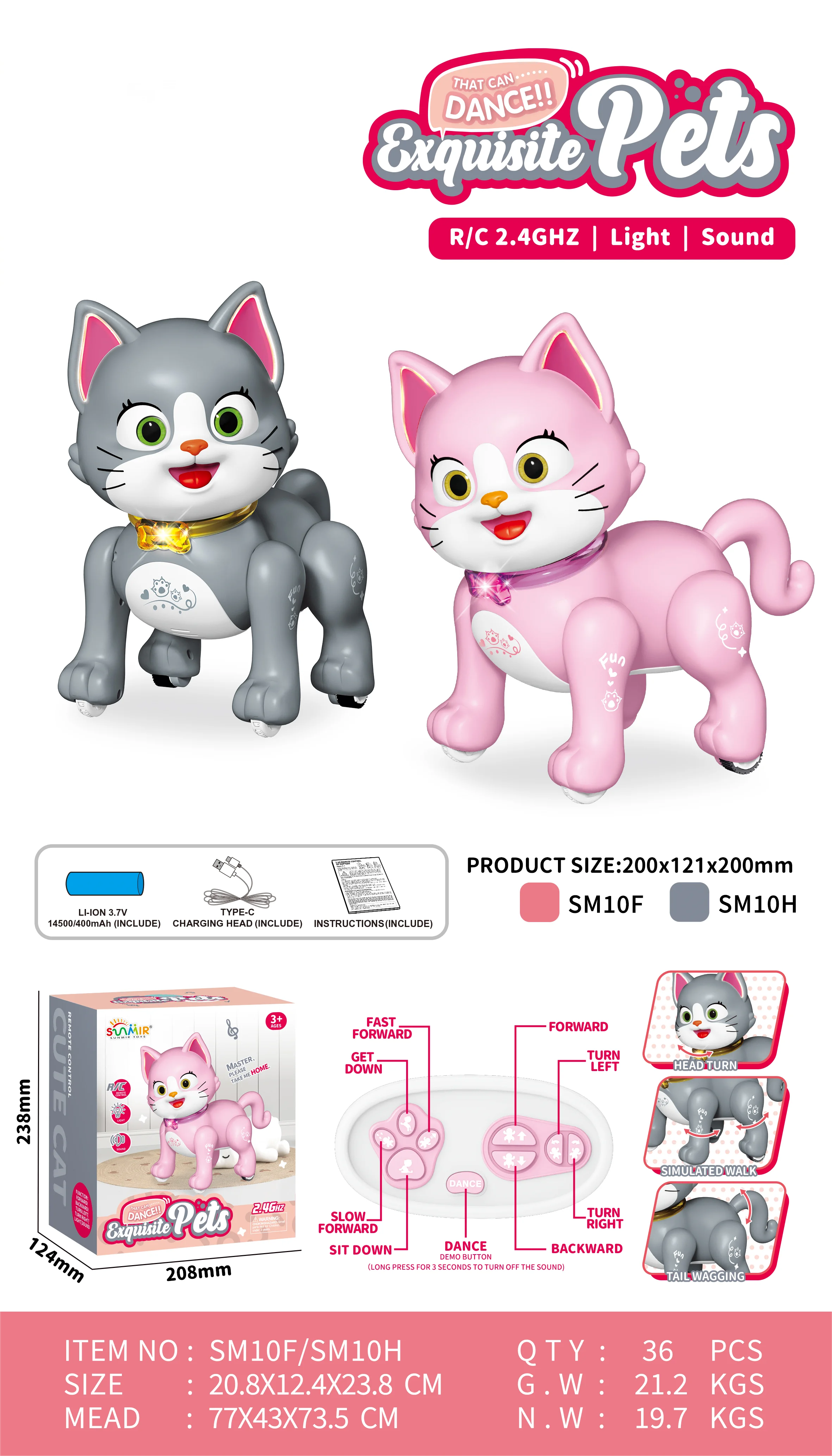 2.4G Remote Control RC Walking Dancing Cat Animal Pets Interactive Robot Toys for Kids with LED Light & Sound For Kids