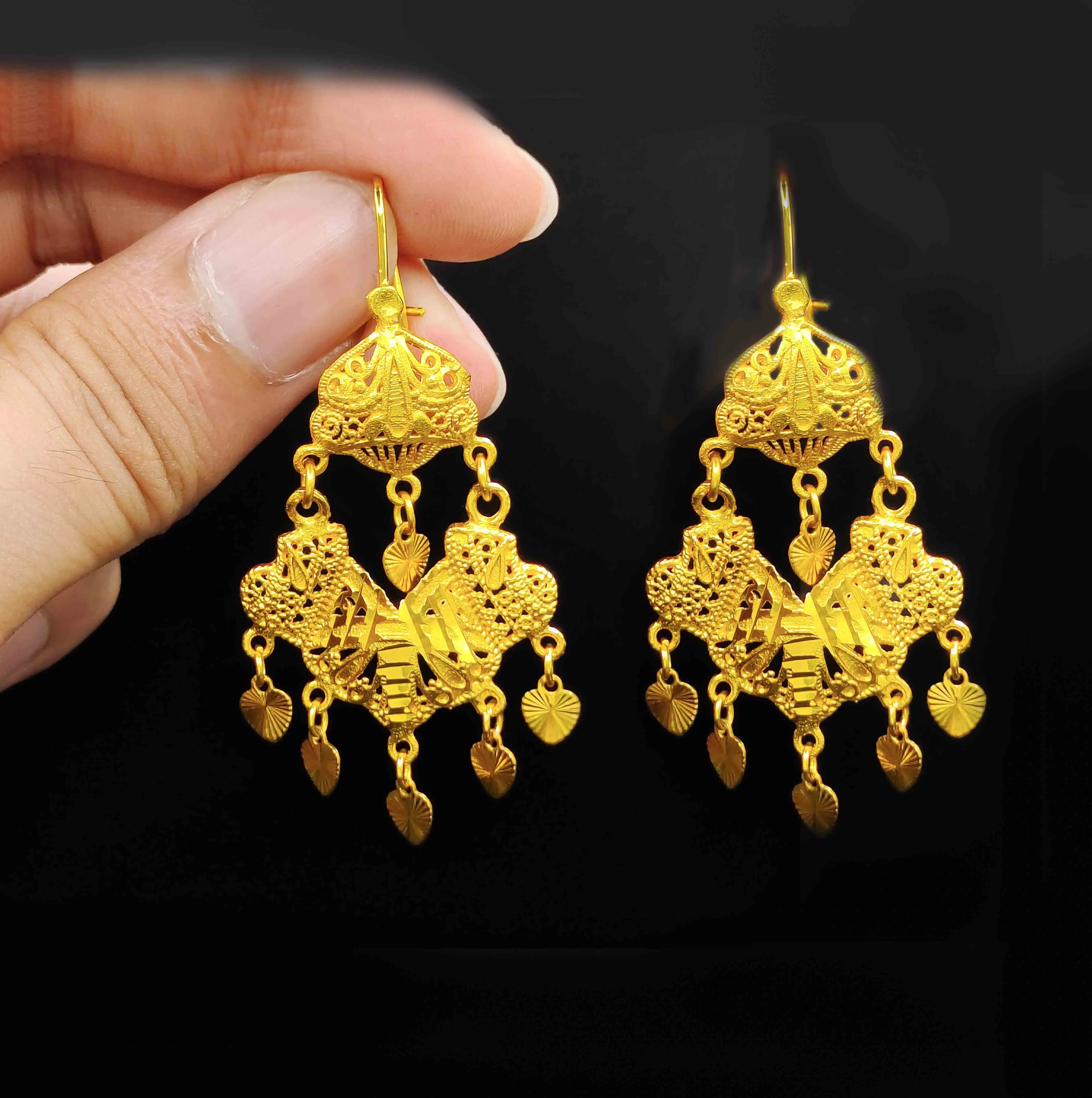 Wholesale Indian Wedding Decoration Copper Dubai Gold Plated Tassel Pendant Hook Piercing Earrings For African Women