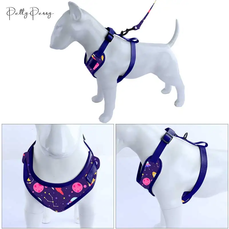 Neoprene Printed No Pull Purple Pet Vest Collar Leash Soft Padded Cat Dog Leash Leads Step In Lock Adjustable Luxury Dog Harness