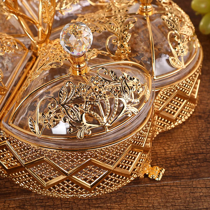 European Style Gold Metal Crystal Dry Fruit Tray Turkish Candy Snack Plate with Lid