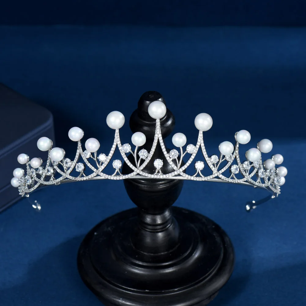HIBRIDE Pearl Round Women Wedding Bridal Hair Accessories Fashion Party Gifts Cubic Zirconia Tiara and Crown Corona Prince C-99