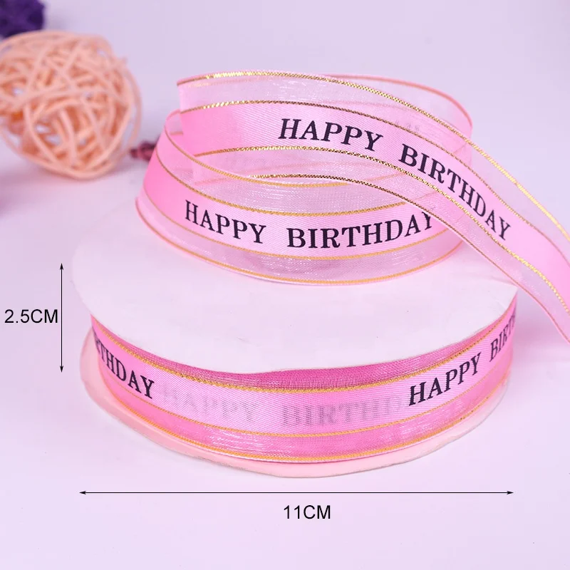 Wholesale Stock Printed Happy Birthday Organza Ribbon Floral Cake Packaging Glitter Silk Ribbon